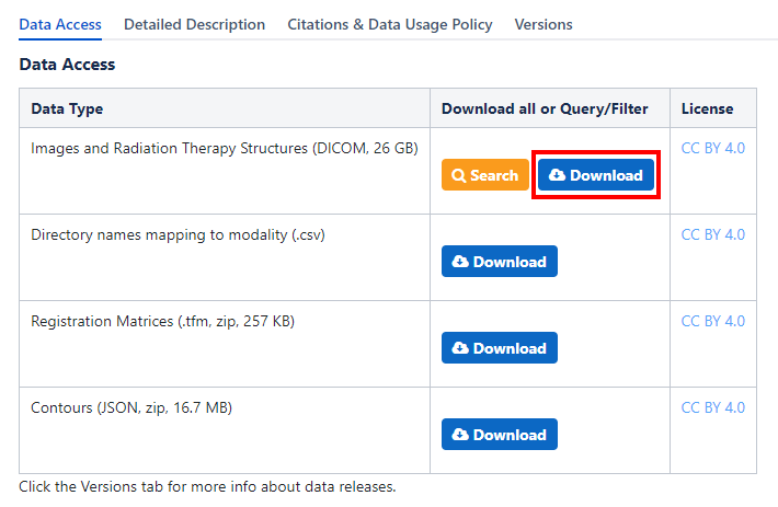 Screenshot of the Vestibular-Schwannoma-SEG TCIA website download block